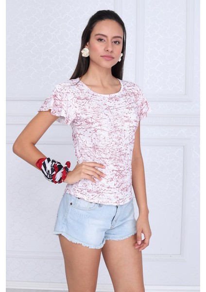 9333335 Süprem Desenli Katkat Fırfırlı Kısa Kol Bluz BORDO