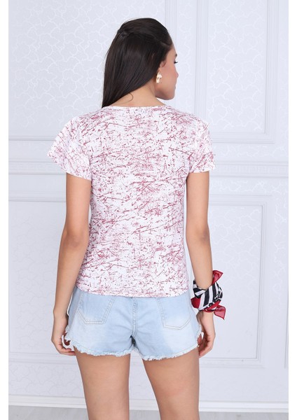 9333335 Süprem Desenli Katkat Fırfırlı Kısa Kol Bluz BORDO fiyatları