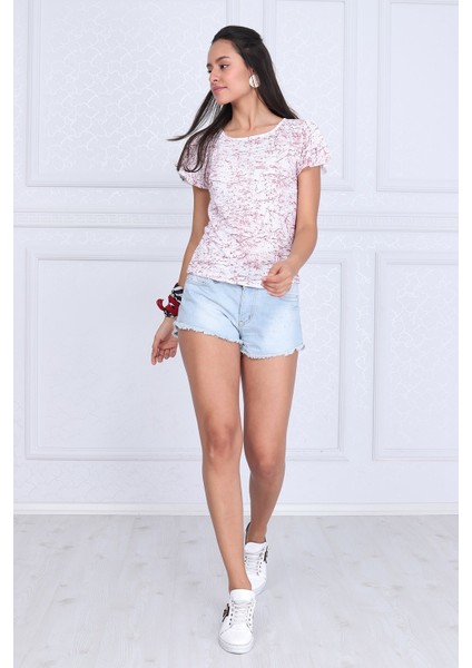 9333335 Süprem Desenli Katkat Fırfırlı Kısa Kol Bluz BORDO modelleri