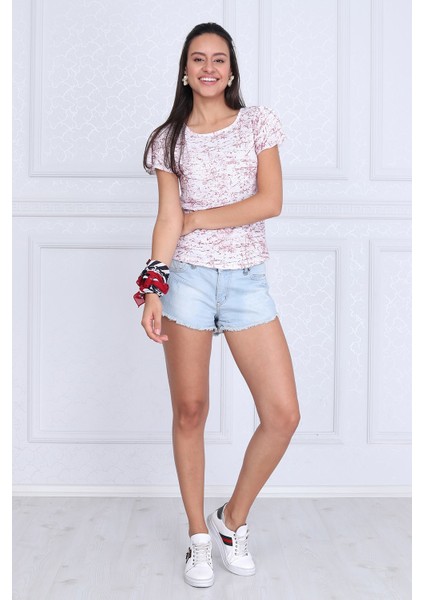 9333335 Süprem Desenli Katkat Fırfırlı Kısa Kol Bluz BORDO fırsatları