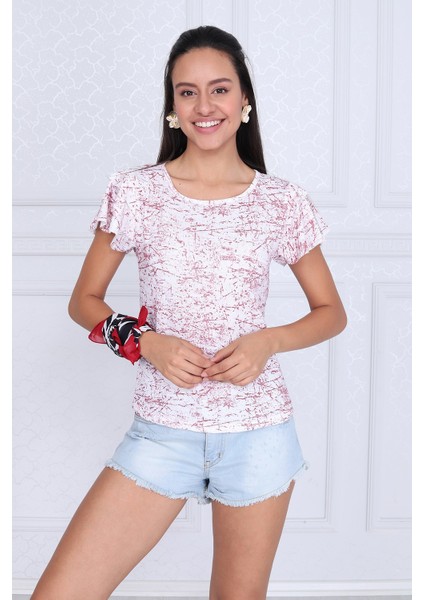 9333335 Süprem Desenli Katkat Fırfırlı Kısa Kol Bluz BORDO indirimleri