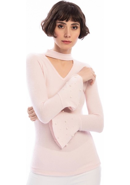 8490978 Yumoş Pencereli Kolu Volanlı İncili Bluz