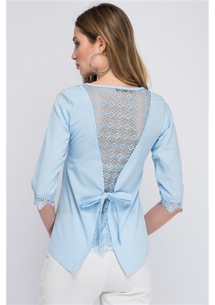 8129314 V Yaka Sırtı Tül Dantel Bağlamalı Kolucu Güpür Bluz MAVI fiyatları