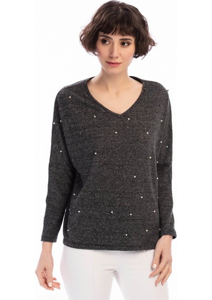 8490930 Yumoş V Yaka Önü İncili Bluz