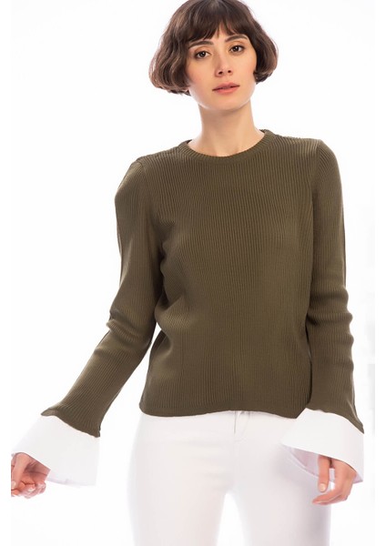 8506003 İnce Fitilli Kaşkorse Manşeti Garnili Uzun Kol Bluz