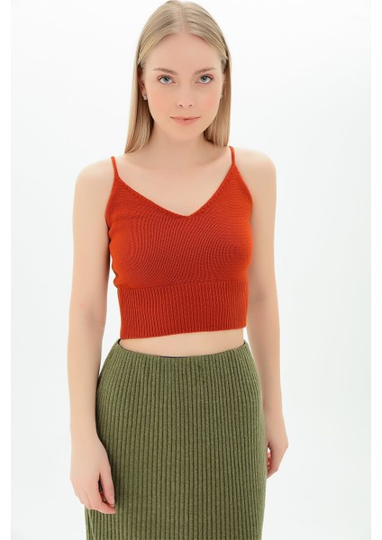 9116167 Triko Askılı Düz Bluz KIREMIT