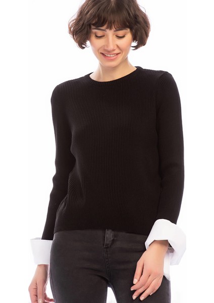 8506003 İnce Fitilli Kaşkorse Manşeti Garnili Uzun Kol Bluz