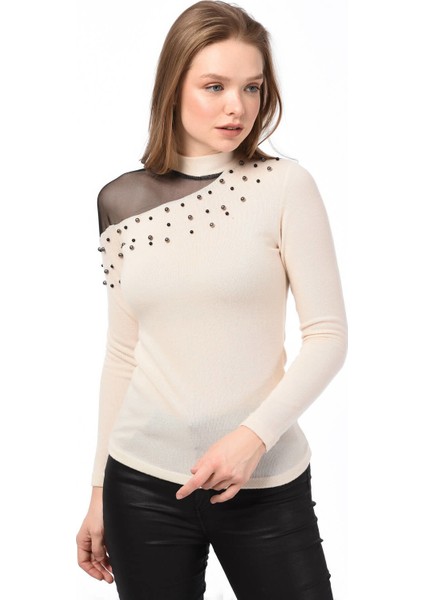 8490986 Yumoş Tek Omuzu Tül İncili Bluz