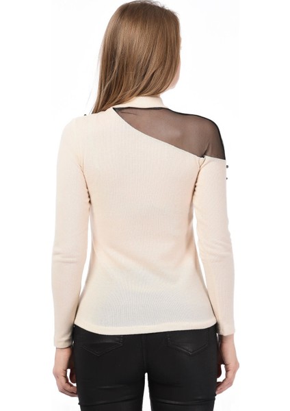 8490986 Yumoş Tek Omuzu Tül İncili Bluz