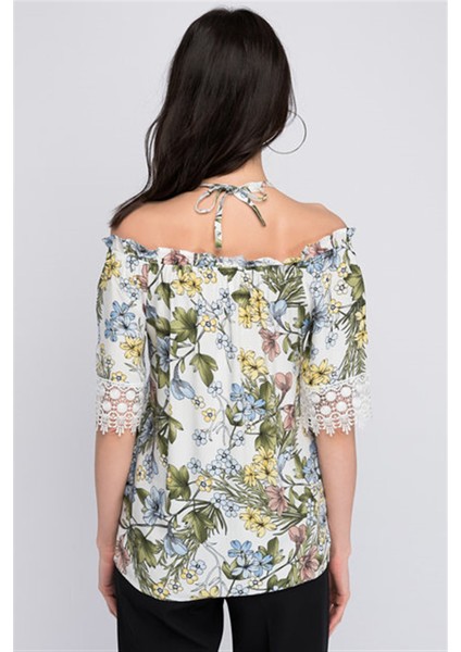 8120798 Viskon Desenli Kolu Eteği Güpürlü Bluz EKRU ÇIÇEK DESEN fiyatları