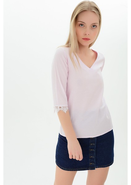 9109314 V Yaka Sırtı Tül Dantel Bağlamalı Kolucu Güpür Bluz PUDRA