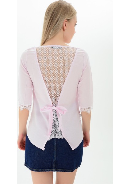 9109314 V Yaka Sırtı Tül Dantel Bağlamalı Kolucu Güpür Bluz PUDRA fırsatları