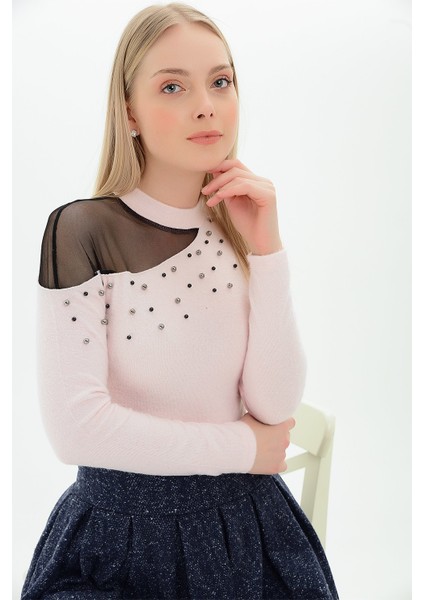 9100986 Yumoş Tek Omuzu Tül İncili Bluz PUDRA