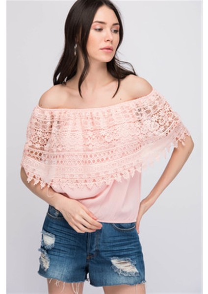 8160794 Şile Bezi Güpürlü Madonna Yaka Eteği Lastikli Bluz PEMBE