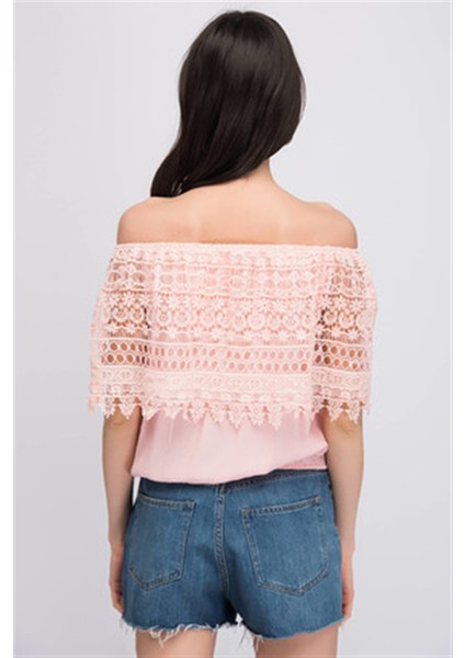 8160794 Şile Bezi Güpürlü Madonna Yaka Eteği Lastikli Bluz PEMBE fiyatları