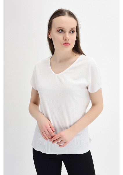 9132735 Kaşkorse V Yaka Salash Kısa Kol Bluz EKRU fiyatları