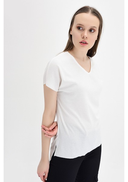 9132735 Kaşkorse V Yaka Salash Kısa Kol Bluz EKRU modelleri