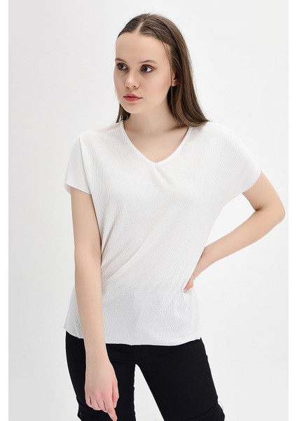 9132735 Kaşkorse V Yaka Salash Kısa Kol Bluz EKRU