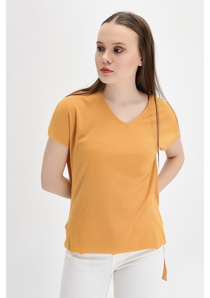9132735 Kaşkorse V Yaka Salash Kısa Kol Bluz HARDAL