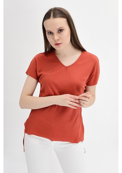 9132735 Kaşkorse V Yaka Salash Kısa Kol Bluz KIREMIT fiyatları