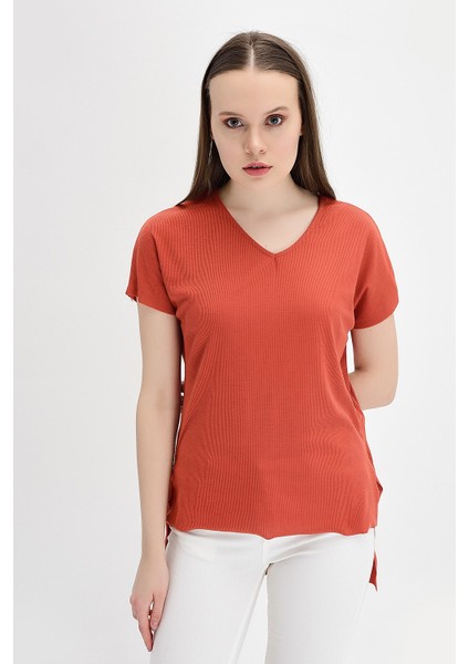 9132735 Kaşkorse V Yaka Salash Kısa Kol Bluz KIREMIT modelleri