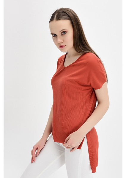 9132735 Kaşkorse V Yaka Salash Kısa Kol Bluz KIREMIT fırsatları