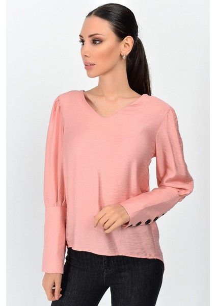 9151526 Bodrum Kum.Arkası Kolu Düğmeli Bluz GUL KURUSU