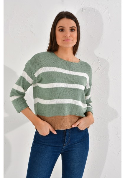 20026185 Triko Çizgili Bluz YESIL-EKRU