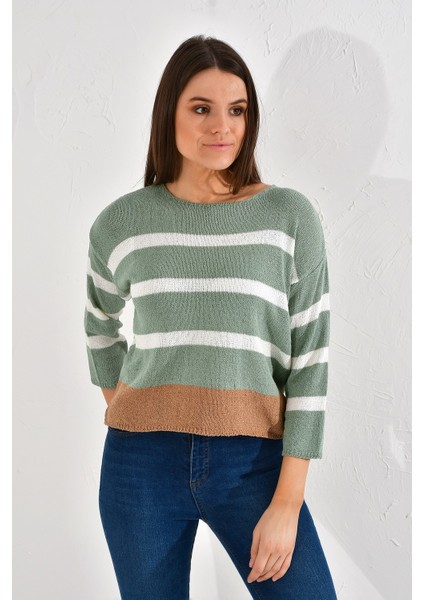20026185 Triko Çizgili Bluz YESIL-EKRU modelleri