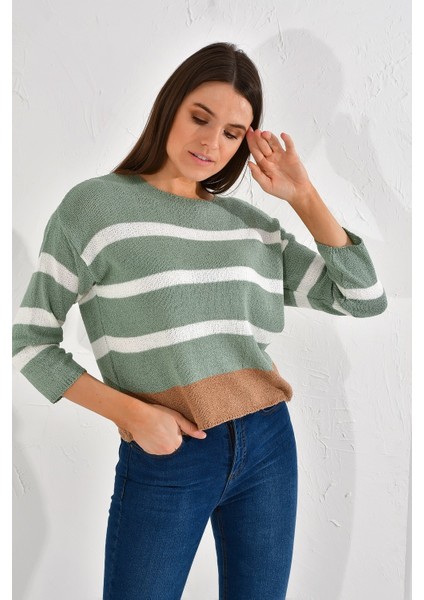 20026185 Triko Çizgili Bluz YESIL-EKRU fırsatları