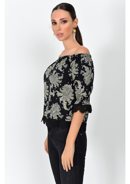 9363010 Dok.Desnli Viskon Kol Etek Güpürlü Madonna Yaka Bluz Sal S