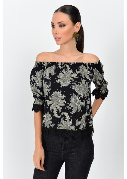 9363010 Dok.Desnli Viskon Kol Etek Güpürlü Madonna Yaka Bluz Sal S fiyatları