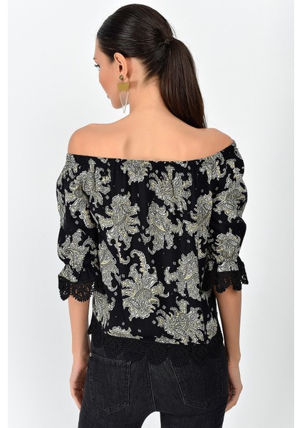 9363010 Dok.Desnli Viskon Kol Etek Güpürlü Madonna Yaka Bluz Sal S modelleri