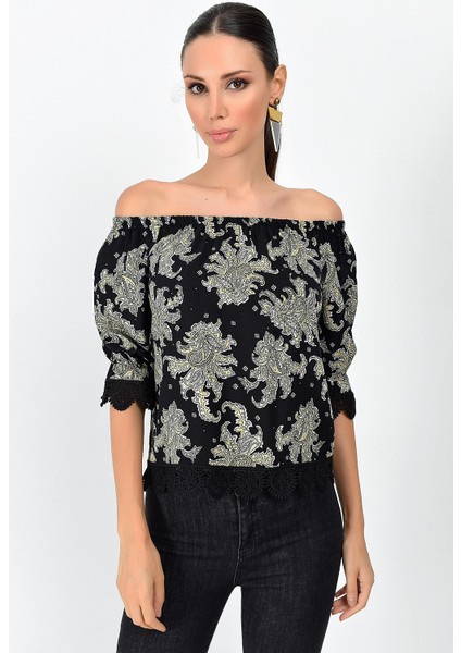 9363010 Dok.Desnli Viskon Kol Etek Güpürlü Madonna Yaka Bluz Sal S fırsatları