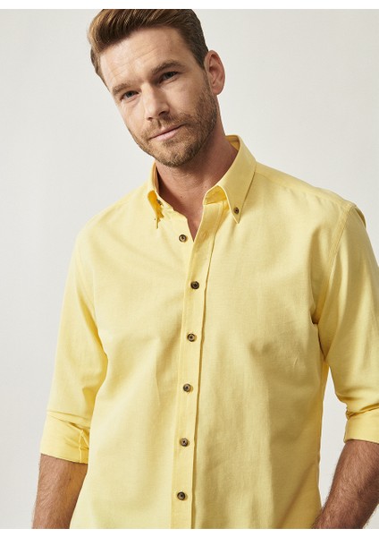 Erkek Sarı Düğmeli Yaka Tailored Slim Fit Oxford Gömlek