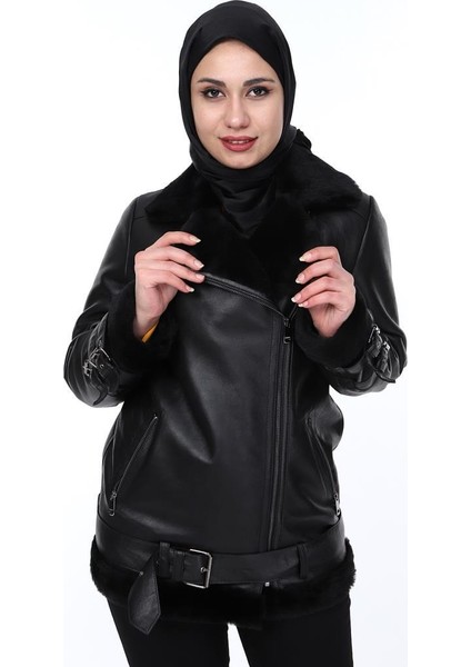 Deri Kemerli Deri Ceket