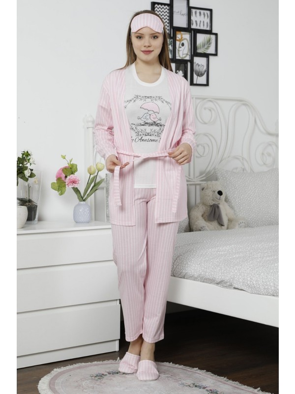 Pembe Cizgili Sabahlikli Kadin Pijama Takimi Fiyati