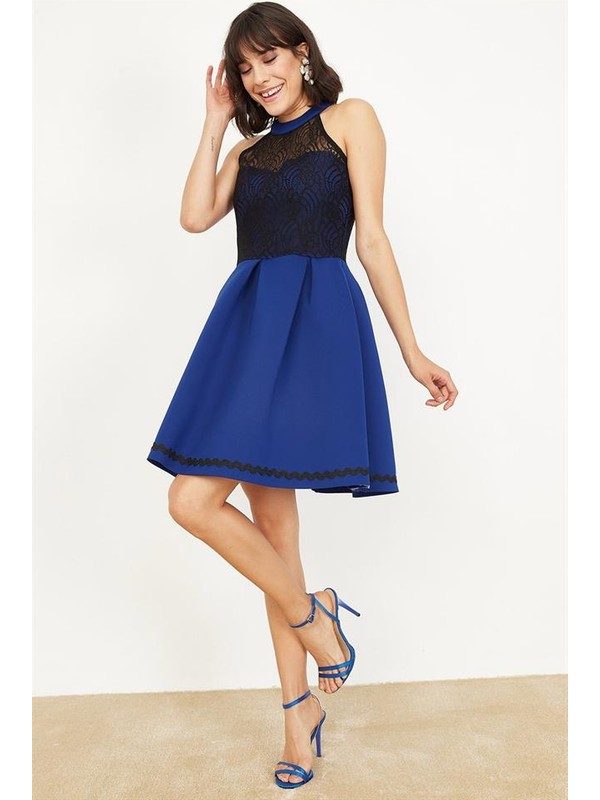 Lafaba Kadin Saks Dantelli Kabarik Elbise Fiyati