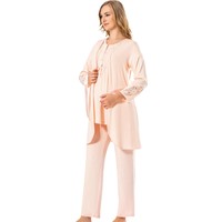 Tampap 3755 3'lü Emzirme Detaylı Dantelli Kadın Lohusa Pijama Takımı Somon
