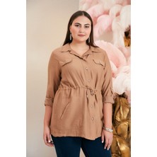 Rmg Bel Bağcık Detaylı Büyük Beden Vizon  Keten Ceket