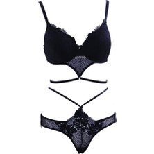 Anıl Dantelli Push Up Destekli Sütyen Takım  Siyah