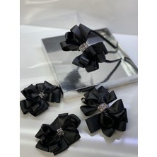 Queen Accessories Siyah 4'lü Taş Şerit Saten Anne Kız Bebek Kombin Taç Toka Seti