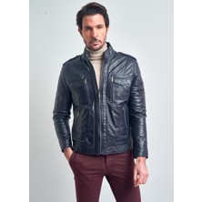 Pierre Cardin Erkek Biker Deri Mont Lacivert Cepli %100 Deri Düz Desenli