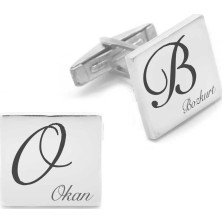 Pigado Kişiye Özel Isim Yazılı Kare Tasarım 925 Ayar Gümüş Kol Düğmesi