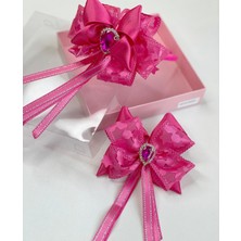 Queen Accessories Neon Pembe 2'li  Kristal Taşlı Anne Kız Çocuk Bebek Kombin Yıldız Desenli Taç Toka Seti