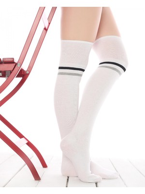 Socks Concept Siyah-Gri Çizgi Detaylı Beyaz Dizüstü Çorap