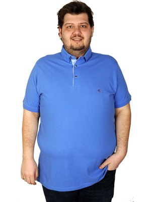 ModeXL Battal Beden Erkek Tshirt Polo Yaka Nakışlı Klasik Pike 20553 Saks
