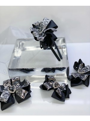 Queen Accessories Siyah 4'lü Kristal Taşlı Zebra Desenli Anne Kız Bebek Kombin Taç Toka Seti