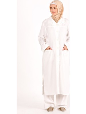 Kanaviçe Hac ve Umre Kıyafeti Kadın Keten Beyaz Yakalı Düz Klasik Pantolonlu Takım