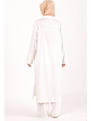 Kanaviçe Hac ve Umre Kıyafeti Kadın Keten Beyaz Yakalı Düz Klasik Pantolonlu Takım